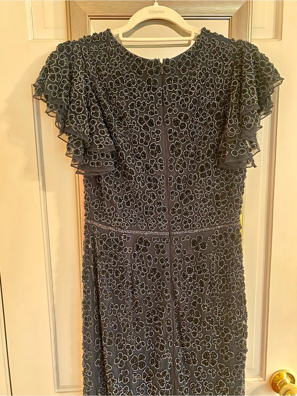Mac Duggal Navy Floral Beaded Ruffle Sleeve Evening Dress - Picture 7 of 7